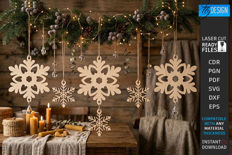 Wooden Christmas Ornament Laser Cut | Hanging Snowflake SVG