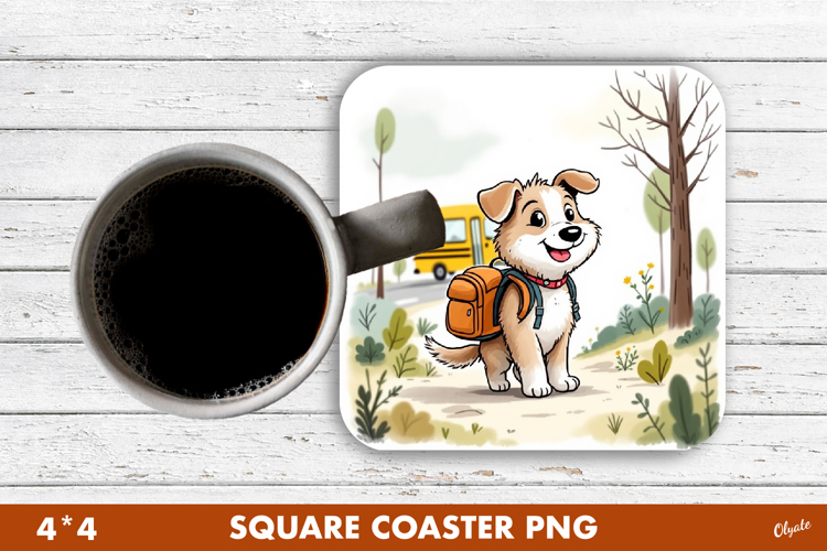 Back to School Coaster PNG. A Cheerful Dog Goes to School