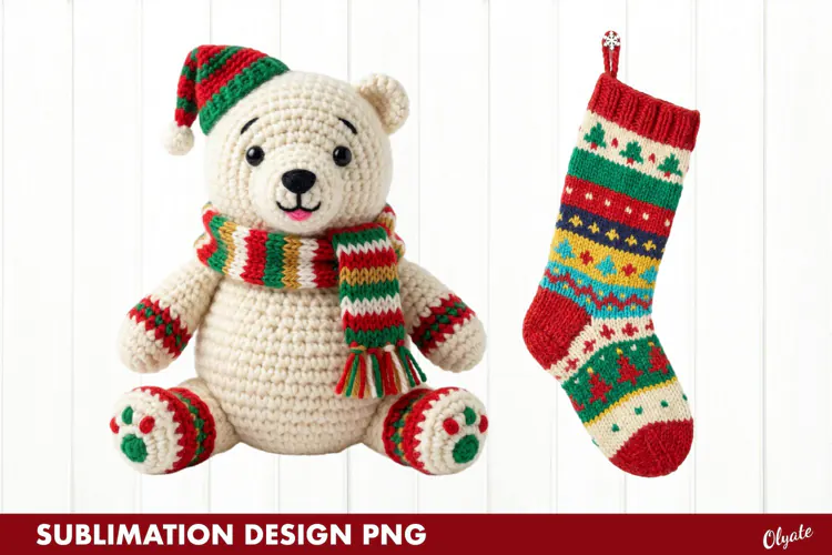 Crochet Cute Bear, Christmas Sock Sublimation PNG