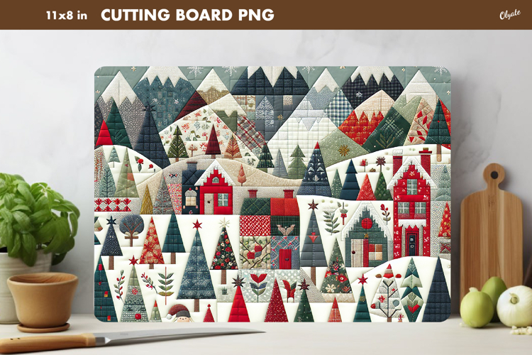 Winter Cutting Board PNG. Rustic Christmas Patchwork PNG