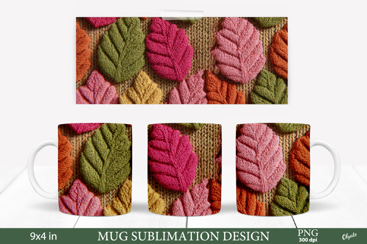 Cozy Fall Mug Sublimation Wrap. Knitting Leaves PNG