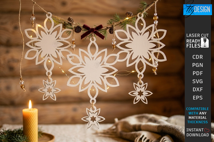 Wooden Christmas Ornament Laser Cut | Hanging Snowflake SVG