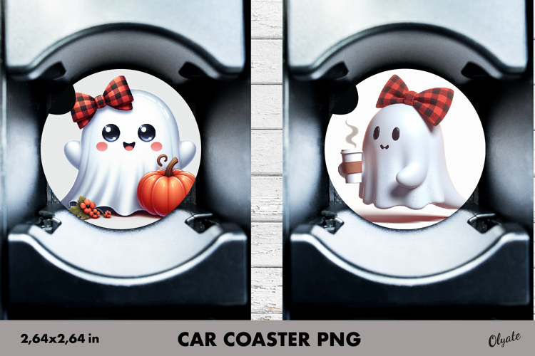 Cute Ghost Car Coaster PNG. Halloween Sublimation PNG