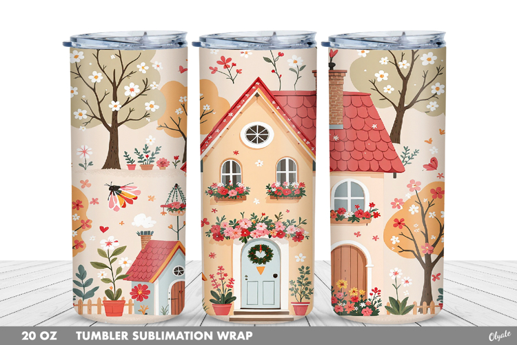 Cute Spring Houses Tumbler Sublimation PNG