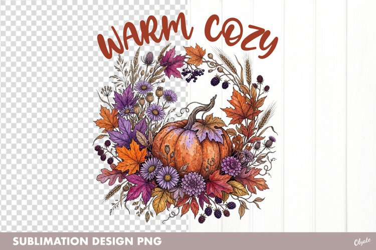 Warm Cozy, Autumn Leaves Pumpkin Sublimation. example image 1