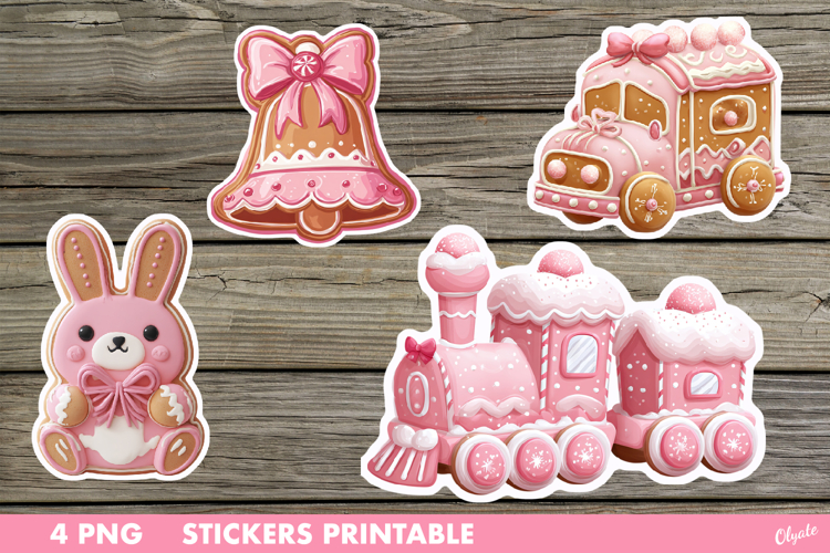 Pink Christmas Stickers PNG. Gingerbread Stickers Printable