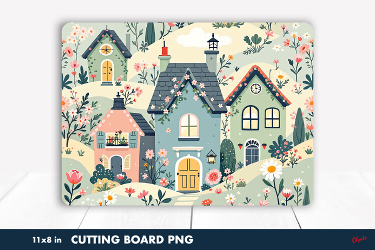 Spring House Cutting Board PNG, Spring Scandinavian Cabins