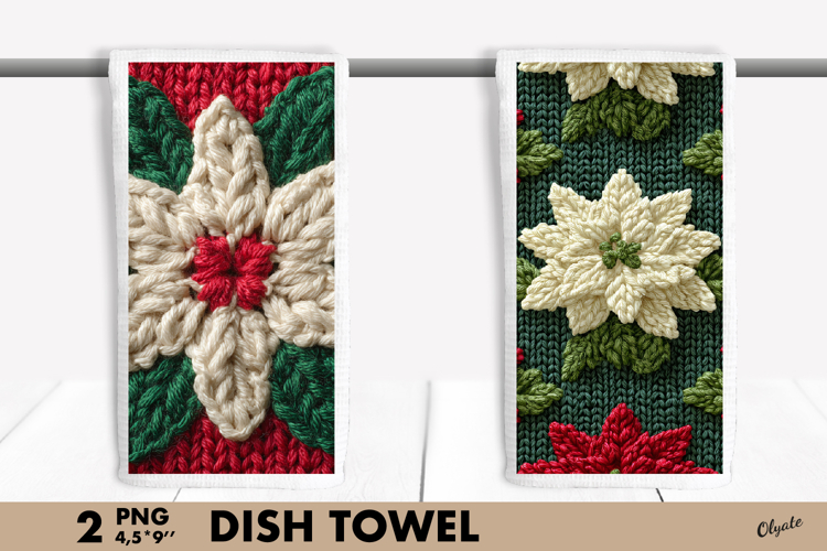Knitting Poinsettia, Christmas Dish Towel Design PNG