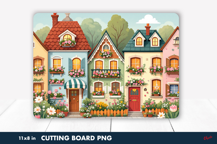 Spring House Cutting Board PNG, Spring Scandinavian Cabins