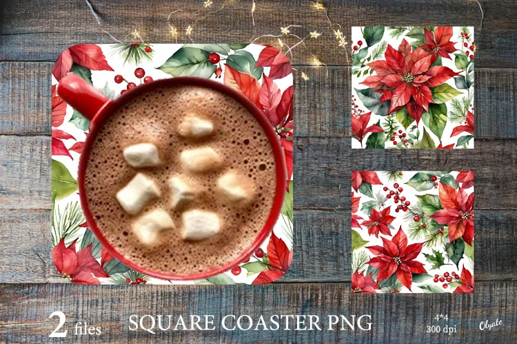 Christmas Coaster PNG. Poinsettia Sublimation Coaster PNG
