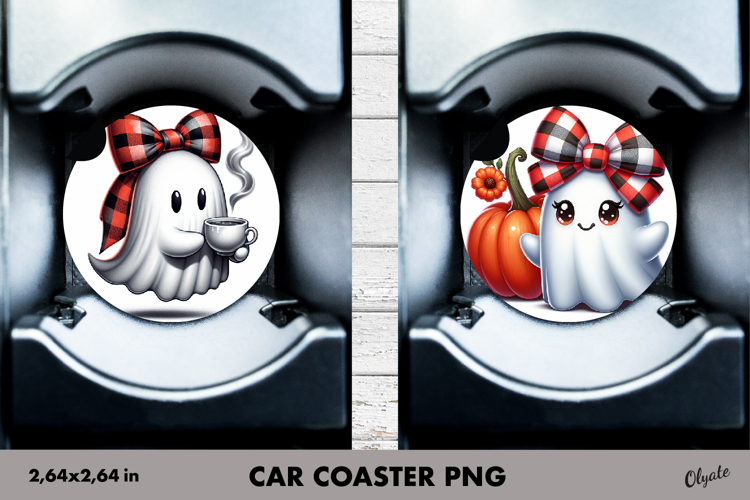 Cute Ghost Car Coaster PNG. Halloween Sublimation PNG