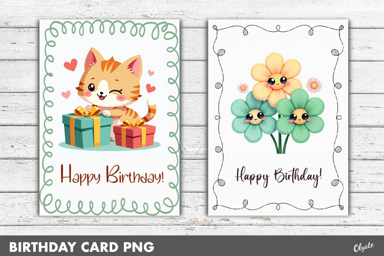 Birthday Greeting Card PNG. Cute Kawaii Card
