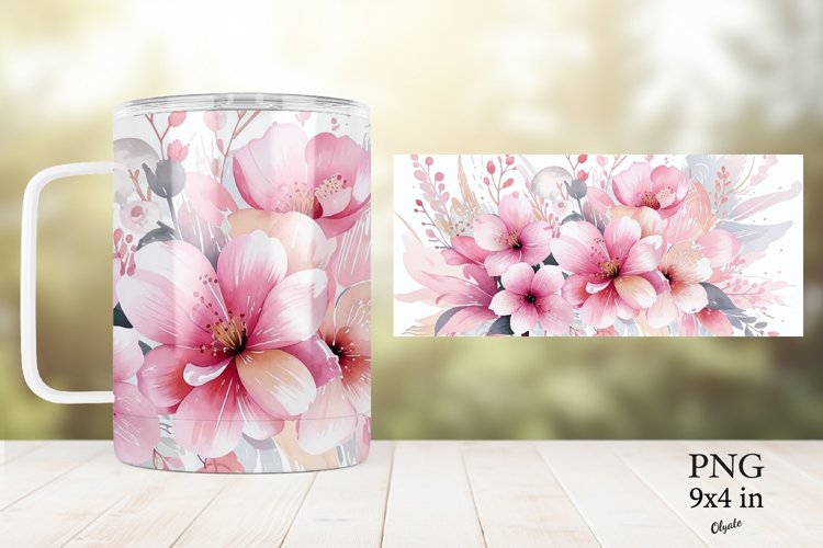 Watercolor Flower Mug PNG. Pink Pastel Flower Mug PNG