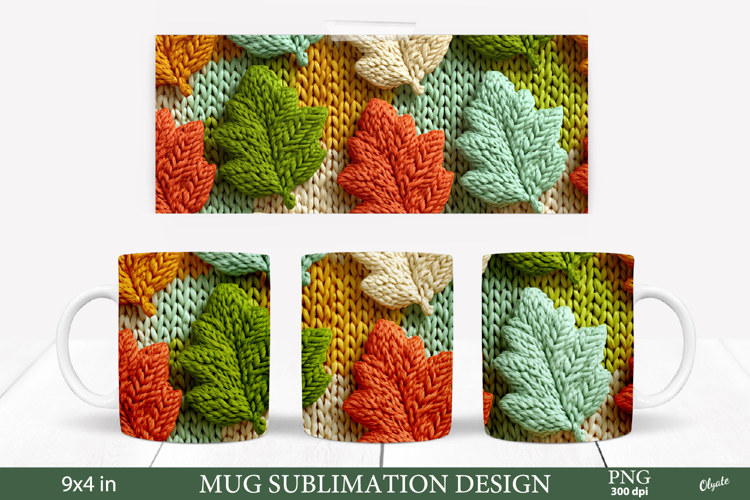 Cozy Fall Mug Sublimation Wrap PNG. Knitting Leaves PNG