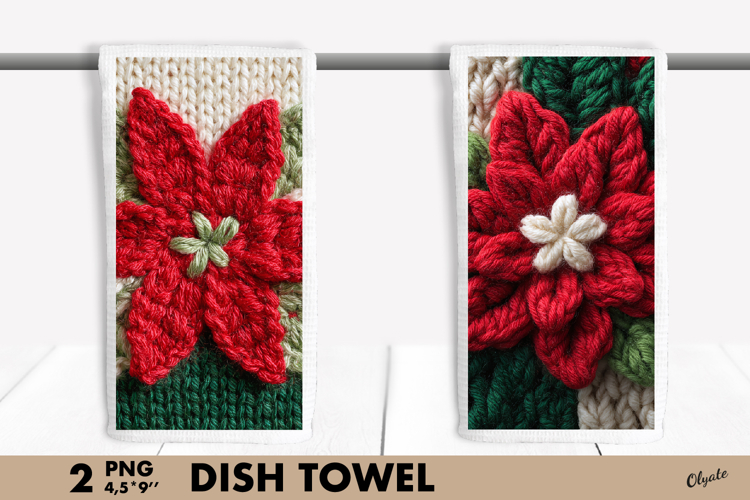 Crochet Poinsettia PNG, Christmas Dish Towel Design PNG