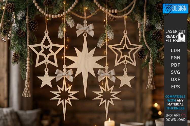 Wooden Christmas Ornament Laser Cut | Hanging Stars Laser example image 1
