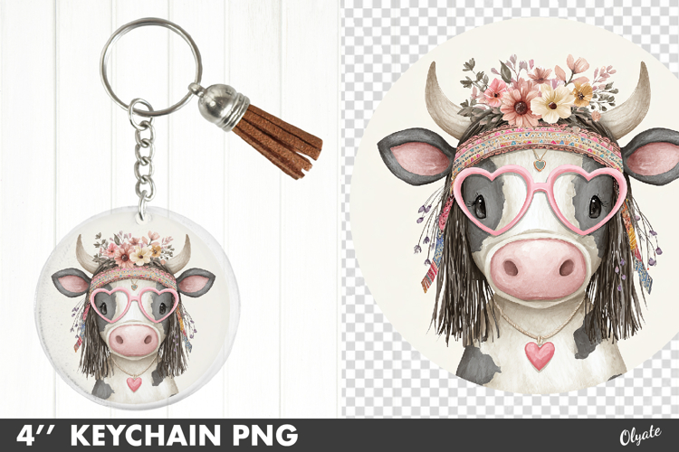 Valentine Keychain PNG, Whimsical Cow Sublimation PNG