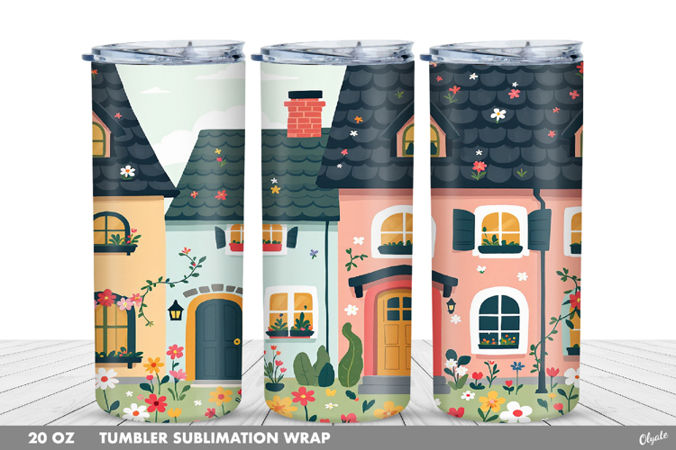 Cute Spring Houses Tumbler Wrap Sublimation PNG