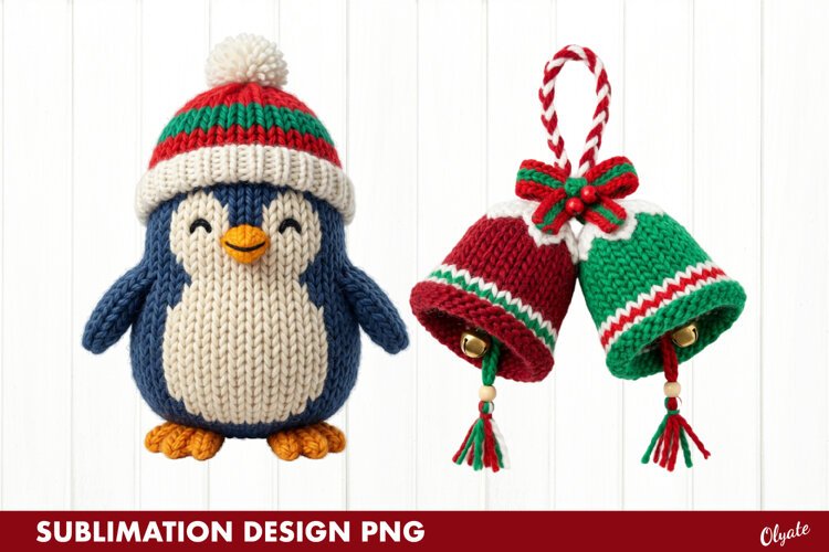 Crochet Cute Penguin, Christmas Bells Sublimation PNG Sublim example image 1