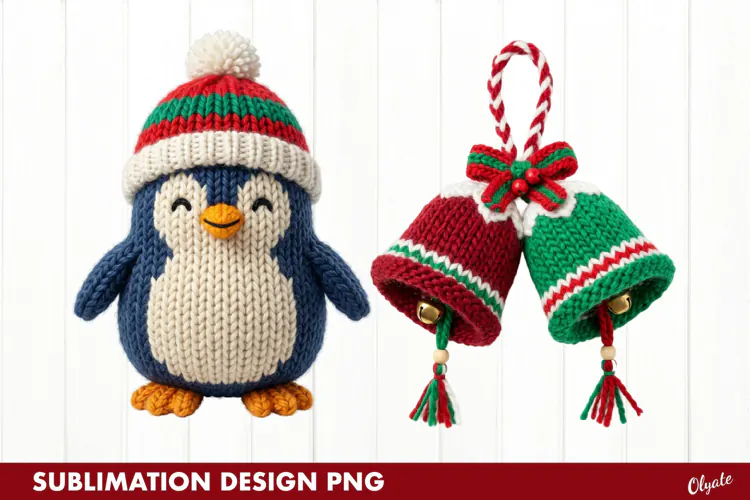 Crochet Cute Penguin, Christmas Bells Sublimation PNG Sublim