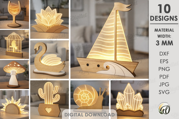 3D Decorative Acrylic Led Lamps Bundle Laser Cut. Lamp SVG