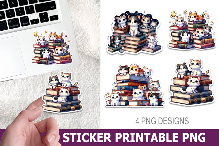 Cute Cat on Book Sticker Printable | High Quality 300 Dpi example image 1