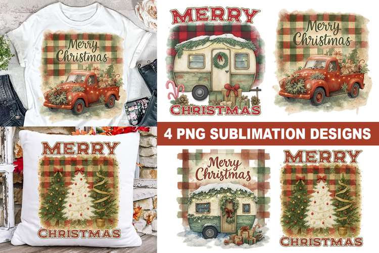 Retro Christmas PNG Set with Truck, Camper, Trees & Plaid