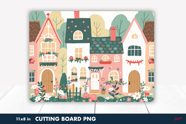 Spring Cutting Board PNG, Cozy Spring Scandinavian Cabins
