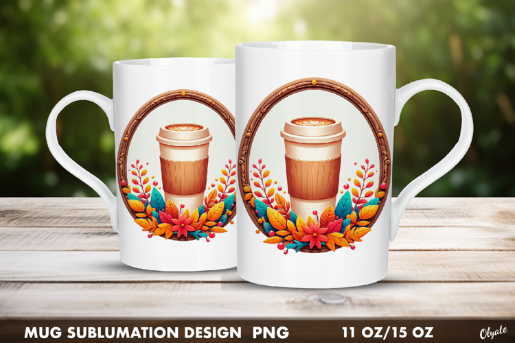 Fall Coffee Mug Wrap. Frame Sublimation PNG