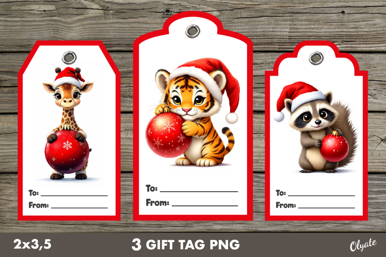 Christmas Gift Tag PNG. Cute Animal Christmas Labels PNG