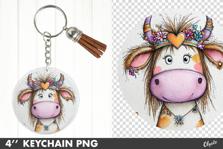 Valentine Keychain PNG, Whimsical Cute Cow Sublimation