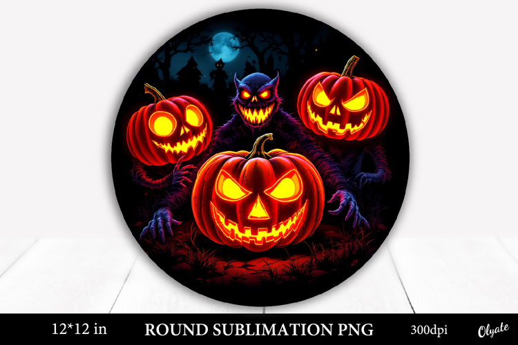 Neon Pumpkin Halloween Round Sign Sublimation PNG