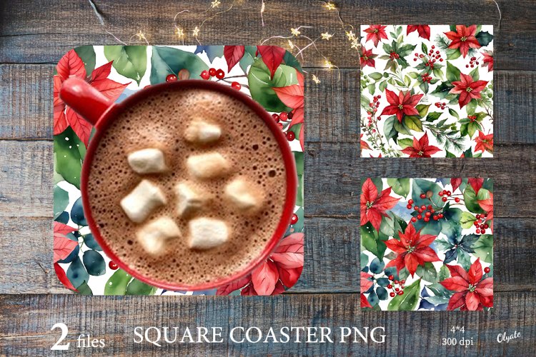 Christmas Coaster PNG. Poinsettia Square Coaster PNG