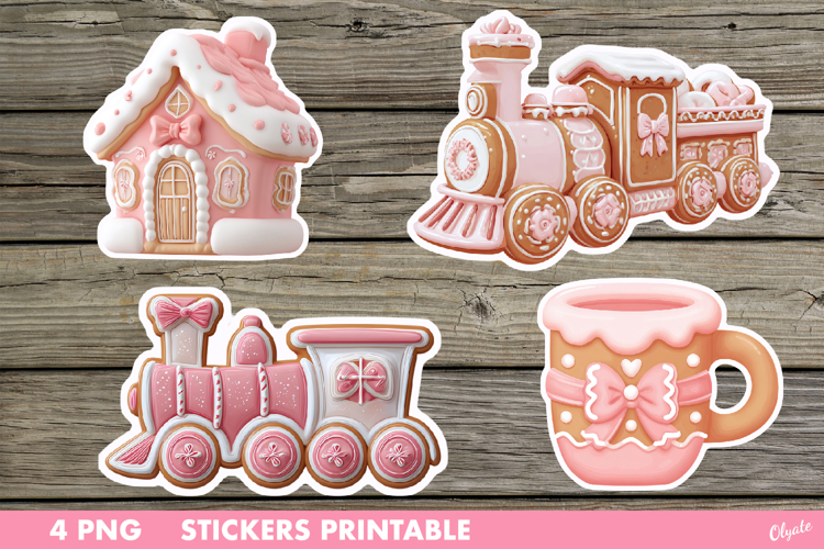 Pink Christmas Stickers PNG. Gingerbread Stickers Printable