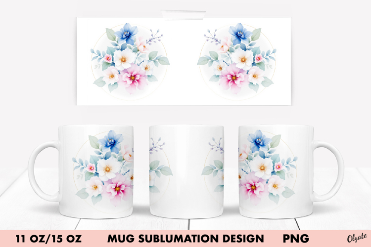 Watercolor Flower Mug Wrap Sublimation. 11 OZ, 15 OZ Mug