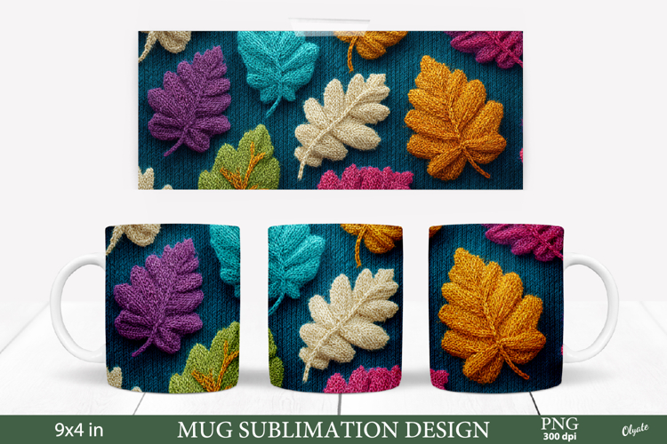 Cozy Fall Mug Sublimation Wrap PNG. Knitting Leaves PNG