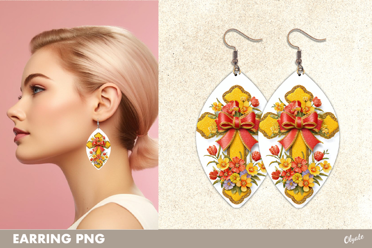 Easter Cross Earrings with Leather Texture Sublimation PNG