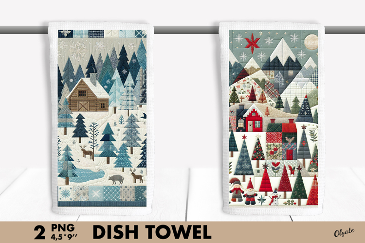 Patchwork Winter Forest Landscape Dish Towel PNG