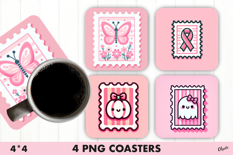 Pink Stamp Coaster. Cancer Awareness Coaster PNG