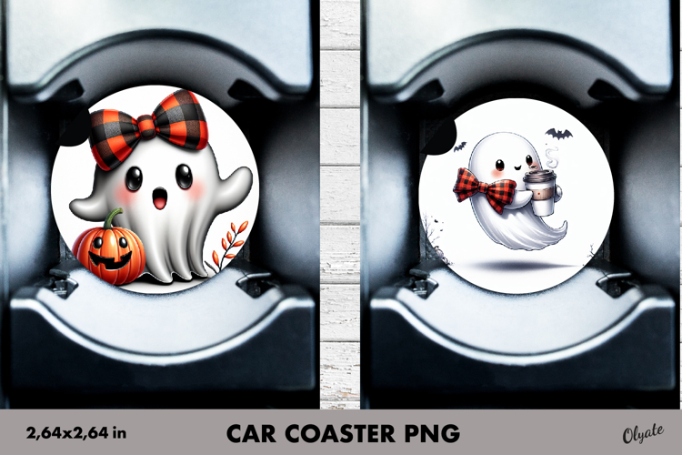 Cute Ghost Car Coaster PNG. Halloween Sublimation PNG