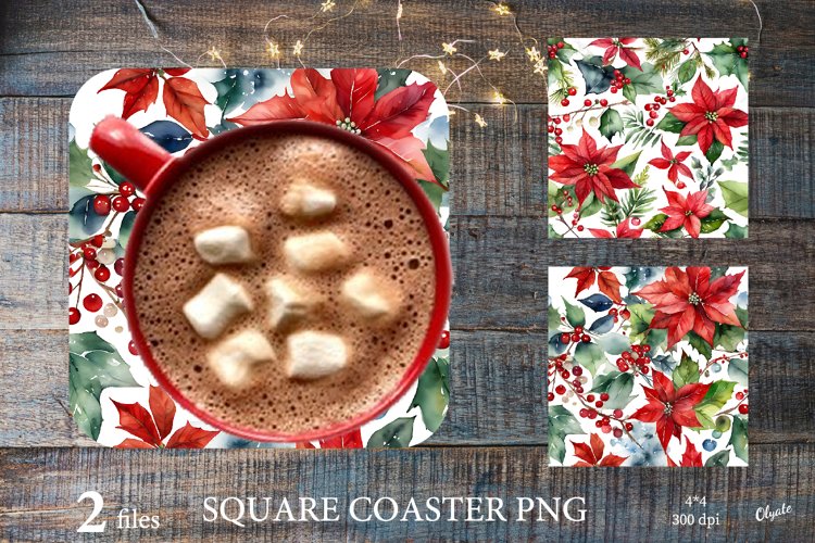 Christmas Coaster PNG. Poinsettia Square Coaster Sublimation