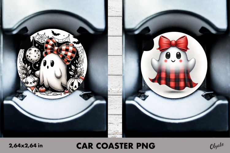 Cute Ghost Car Coaster PNG. Halloween Sublimation PNG