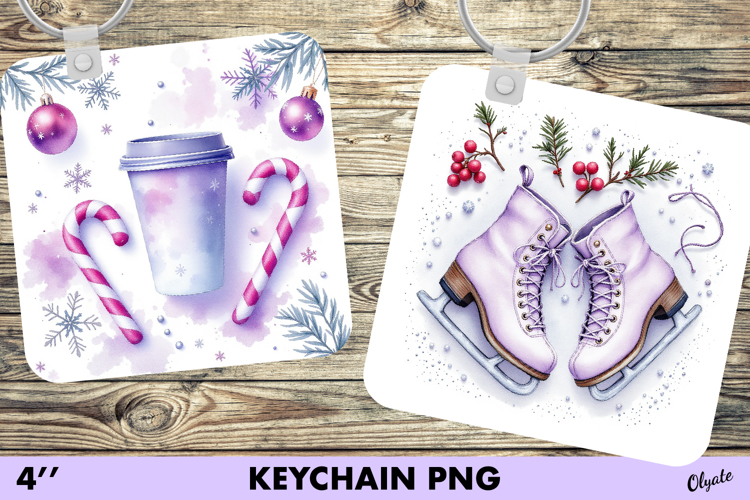 Watercolor Christmas Keychain. Purple Christmas Keychain PNG