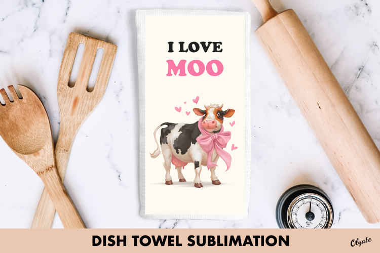 Funny Cow Dish Towel PNG, Valentine Cow Sublimation PNG