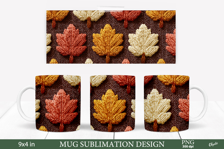 Cozy Fall Mug Sublimation Wrap PNG. Knitting Leaves PNG