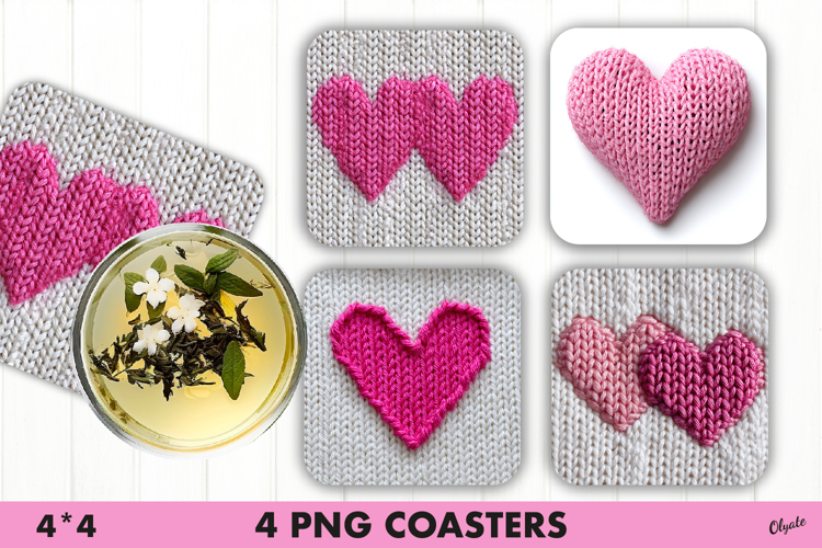 Knitting Pink Heart PNG, Valentines Day Coaster PNG