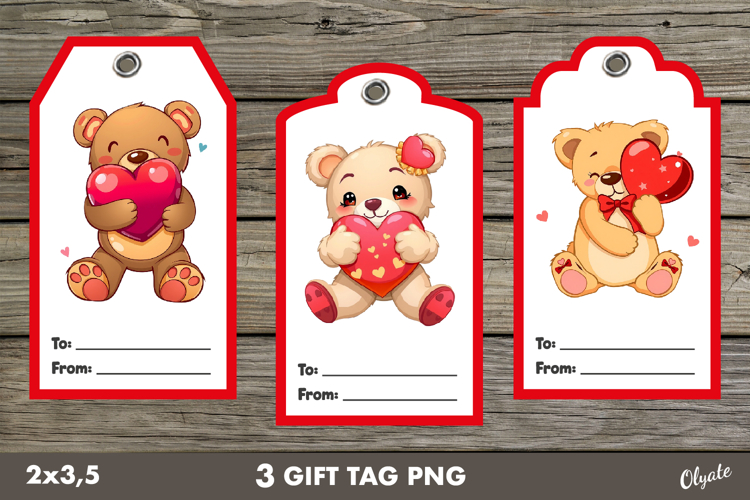 Valentine Gift Tag PNG. Cute Teddy Bear Labels PNG