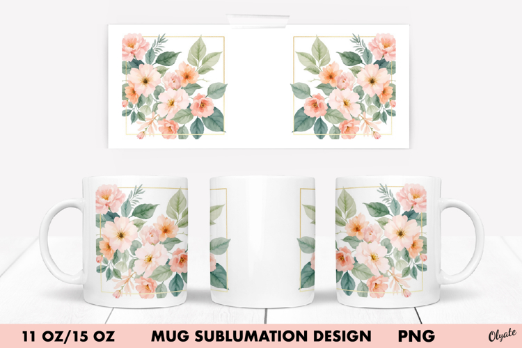 Watercolor Flower Mug Wrap Sublimation. 11 OZ, 15 OZ Mug