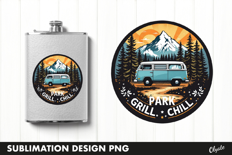 BBQ Retro Round Sublimation PNG, Flask BBQ Grill PNG