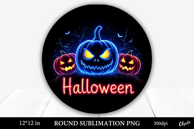 Neon Pumpkin Halloween Round Sign Sublimation PNG